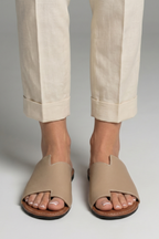 Women open toe slip-on flat sandals with leather lining and textured outsole