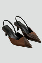 Women leather sandals pointed toe kitten heel with ankle strap brown