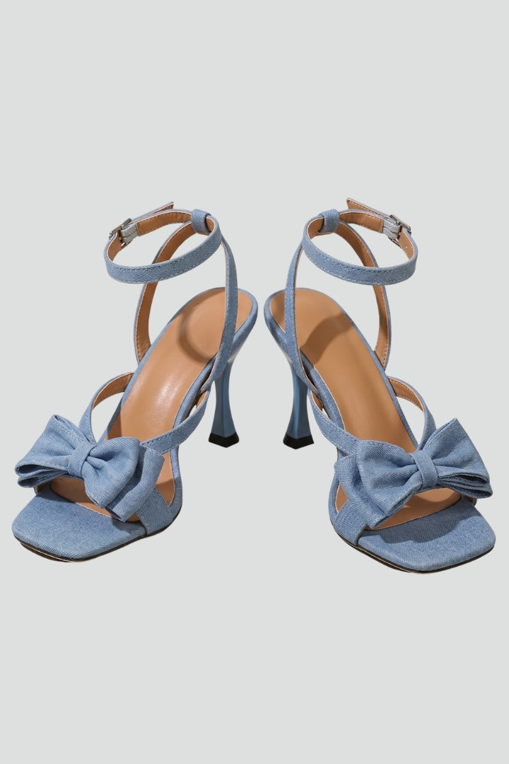 Women leather sandals square toe buckle stiletto heel in denim blue