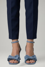 Women leather sandals square toe buckle stiletto heel in denim blue