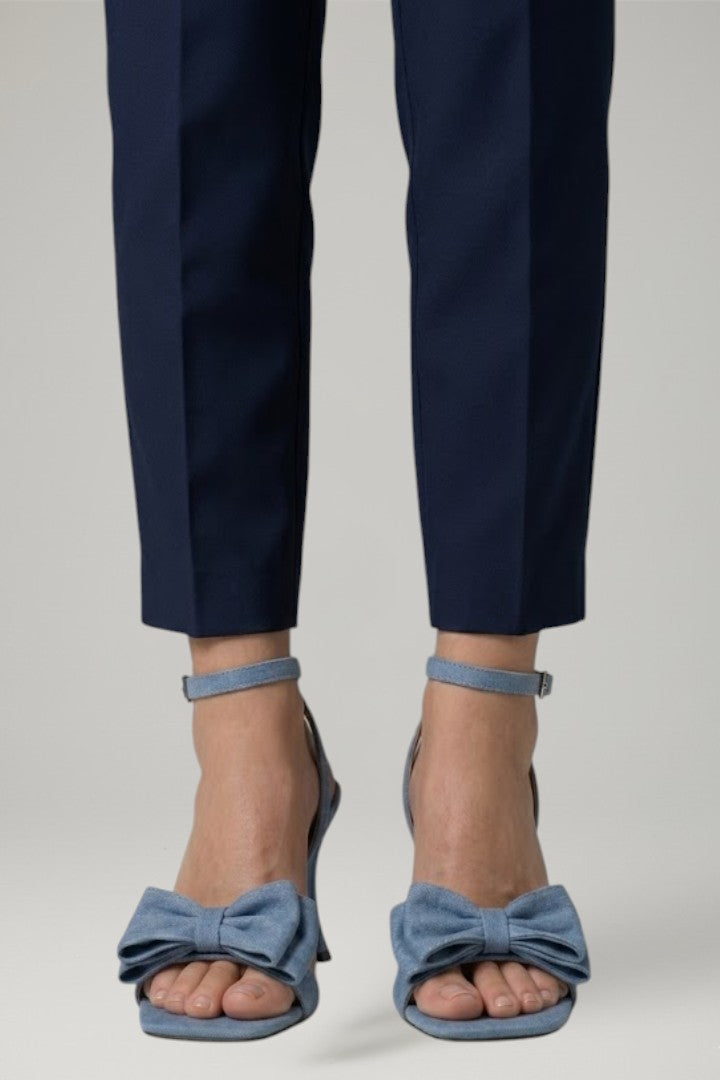Women leather sandals square toe buckle stiletto heel in denim blue