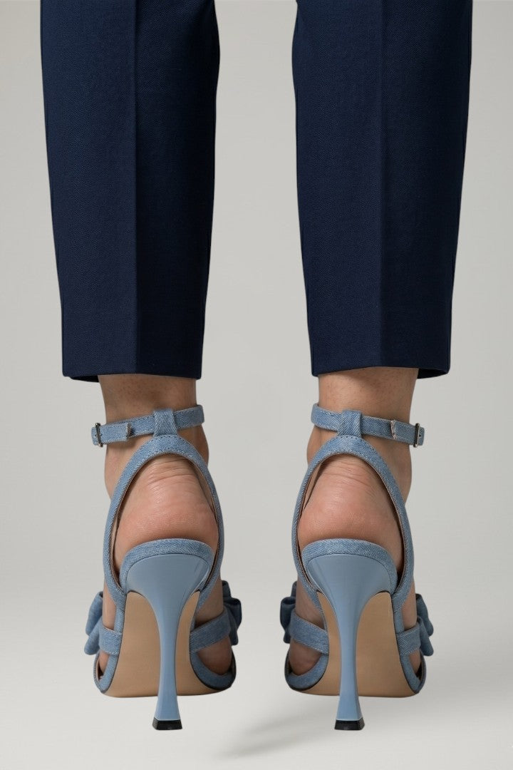 Women leather sandals square toe buckle stiletto heel in denim blue