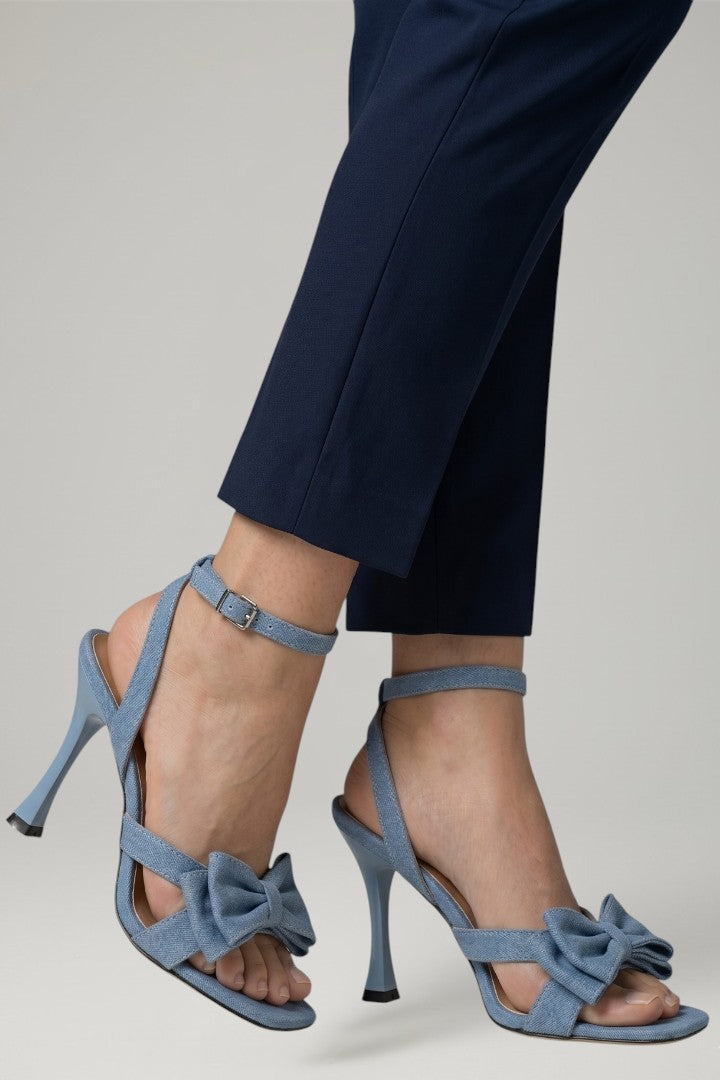 Women leather sandals square toe buckle stiletto heel in denim blue