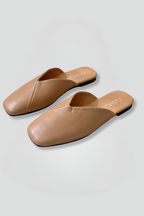 Women's square toe slip on flat sandals in beige black and khaki