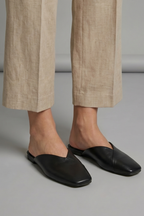 Women's square toe slip on flat sandals in beige black and khaki