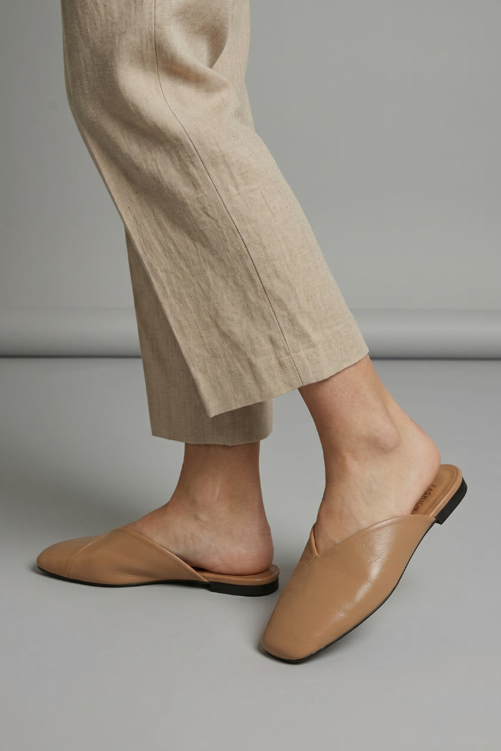 Women's square toe slip on flat sandals in beige black and khaki