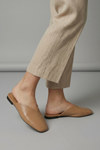 Women's square toe slip on flat sandals in beige black and khaki