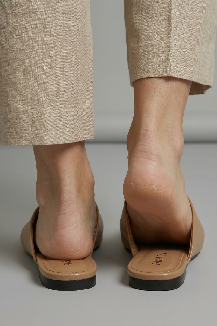 Women's square toe slip on flat sandals in beige black and khaki