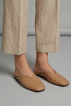 Women's square toe slip on flat sandals in beige black and khaki