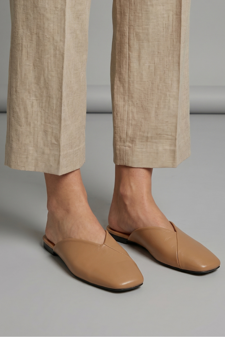 Women's square toe slip on flat sandals in beige black and khaki