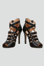 Women leather sandals stiletto heel open toe with rear zipper closure in black