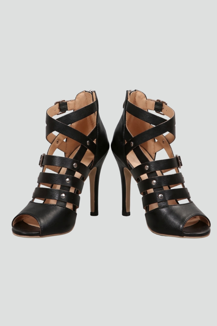 Women leather sandals stiletto heel open toe with rear zipper closure in black