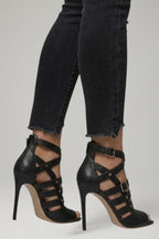 Women leather sandals stiletto heel open toe with rear zipper closure in black