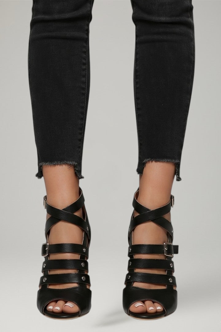 Women leather sandals stiletto heel open toe with rear zipper closure in black