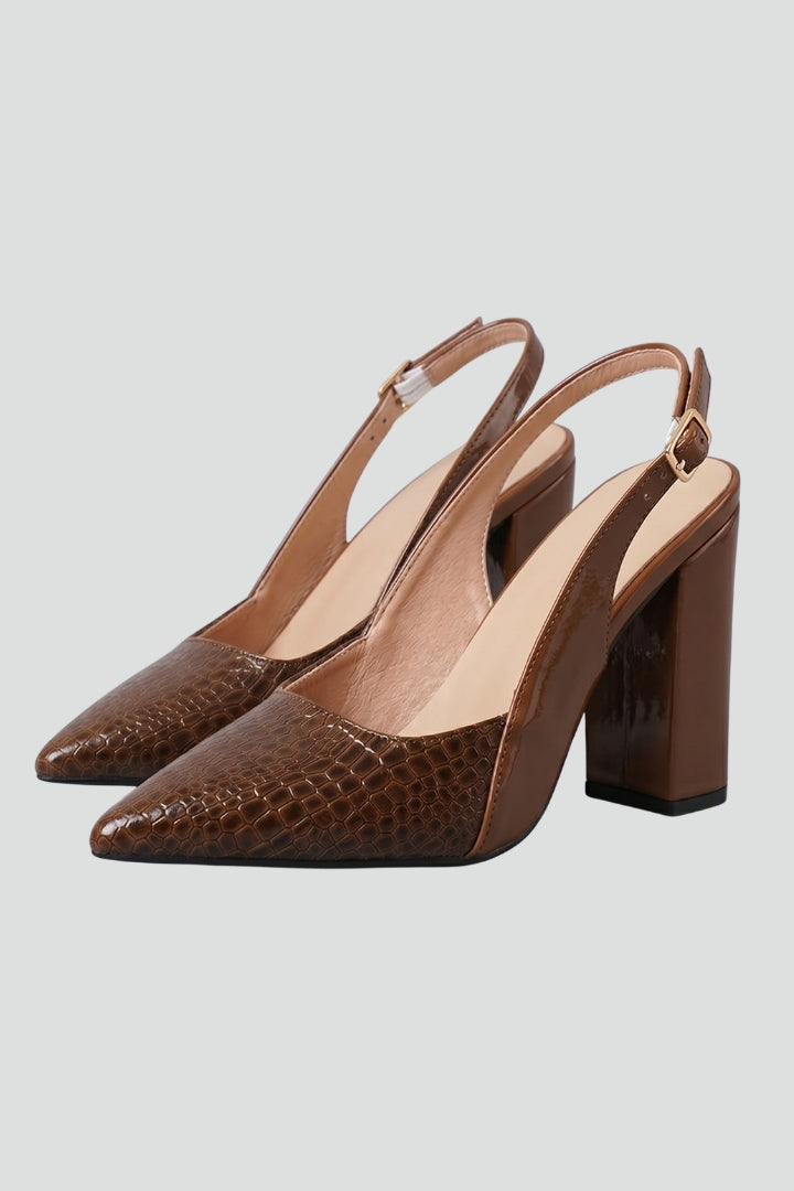Women leather pointed toe block heel shoes with ankle strap buckle fastening