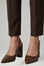 Women leather pointed toe block heel shoes with ankle strap buckle fastening