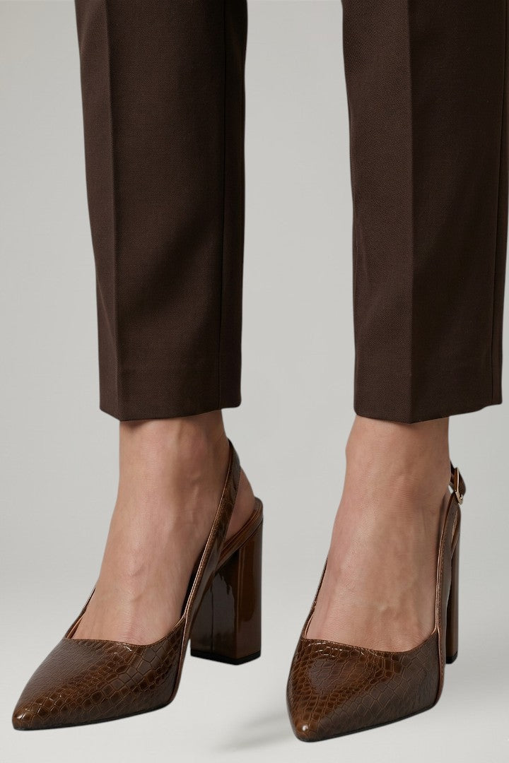 Women leather pointed toe block heel shoes with ankle strap buckle fastening