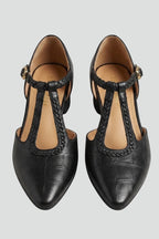 Women leather T-strap flat shoes with metal buckle and rounded toe