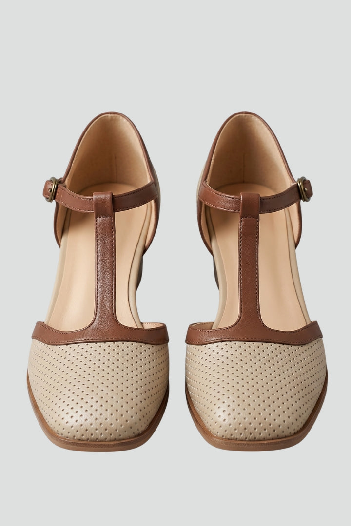 Women leather T-strap mid heel shoes with square toe and block heel