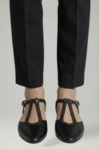 Women leather T-strap flat shoes with metal buckle and rounded toe