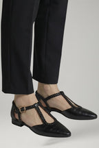 Women leather T-strap flat shoes with metal buckle and rounded toe