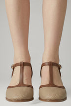 Women leather T-strap mid heel shoes with square toe and block heel