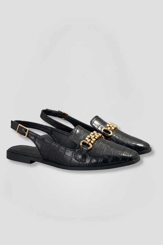 Women leather slingback flats with metal vamp detail in black