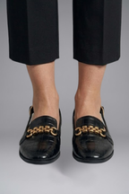 Women leather slingback flats with metal vamp detail in black