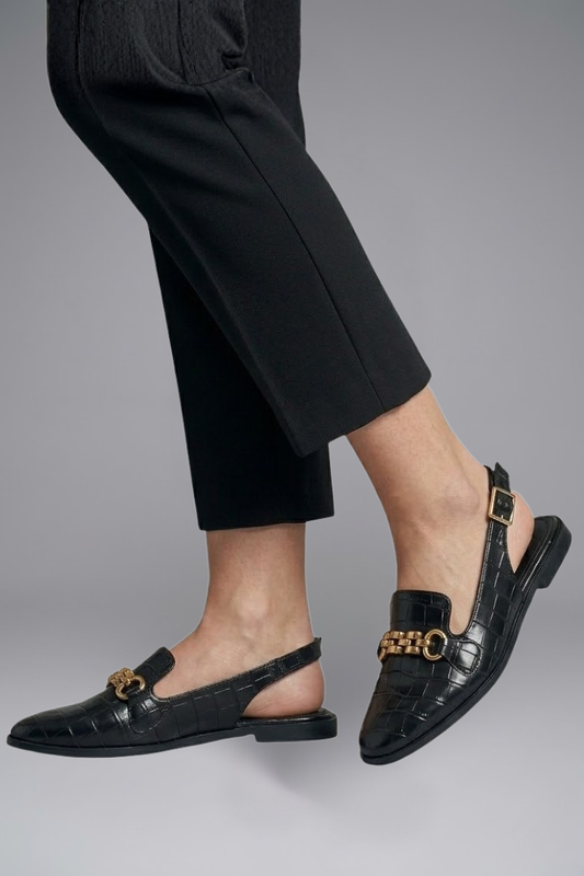 Women leather slingback flats with metal vamp detail in black