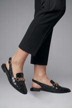 Women leather slingback flats with metal vamp detail in black