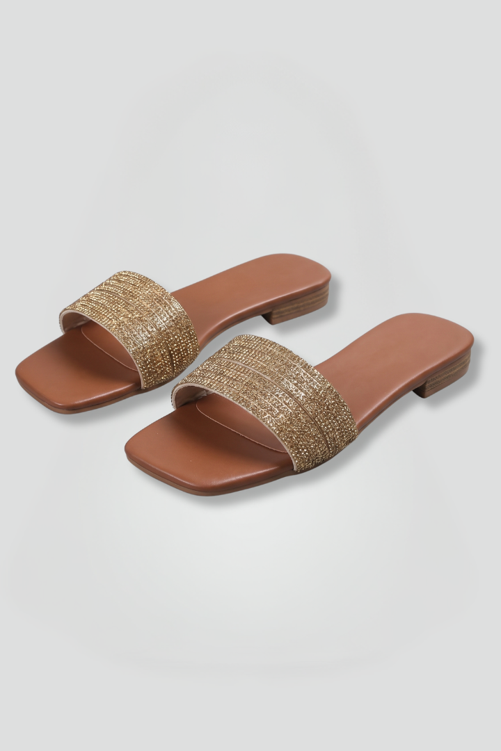 Women leather lined open toe slip-on slippers flat rubber outsole