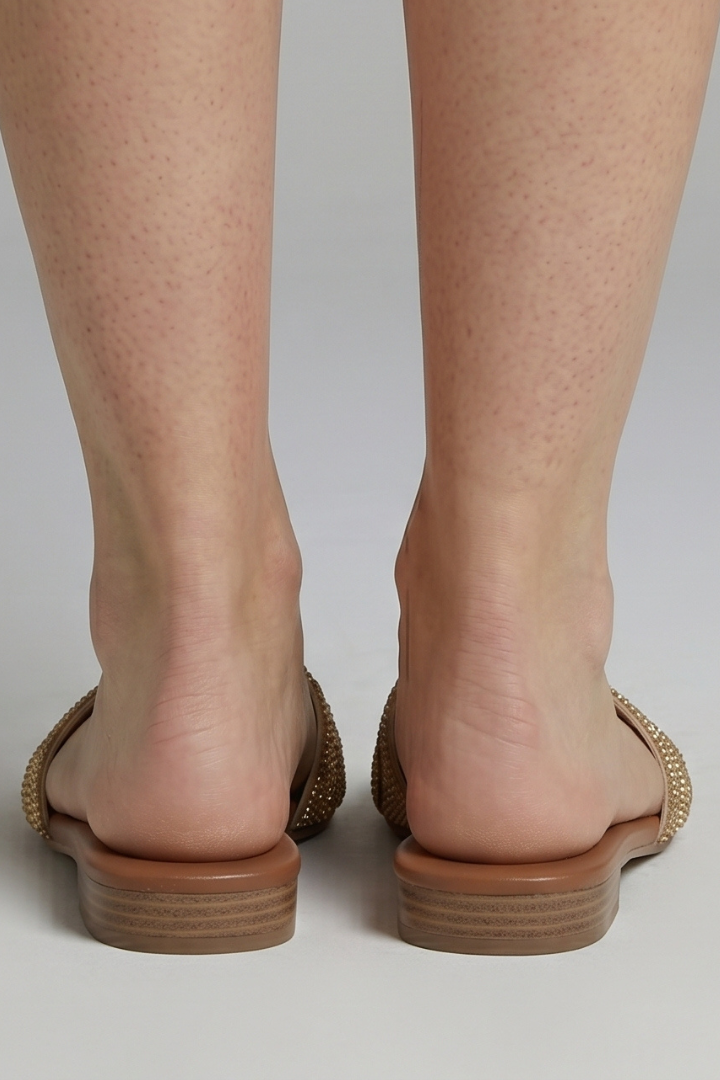 Women leather lined open toe slip-on slippers flat rubber outsole