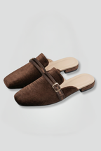 Women's slip-on slippers square toe leather lined fabric upper