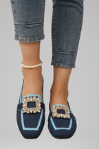 Women's slip-on loafers square toe with decorative buckle detail flat sole