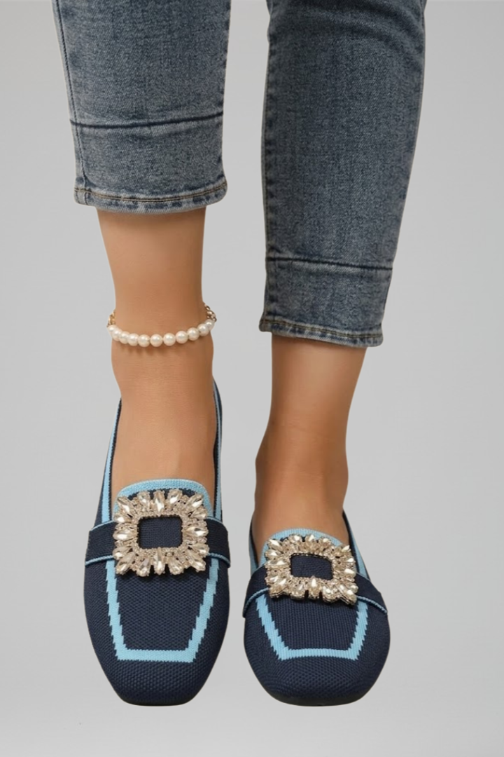 Women's slip-on loafers square toe with decorative buckle detail flat sole