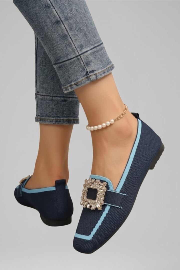 Women's slip-on loafers square toe with decorative buckle detail flat sole