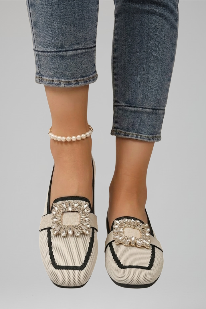 Women's slip-on loafers square toe with decorative buckle detail flat sole