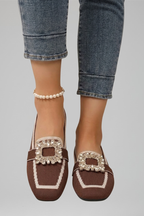 Women's slip-on loafers square toe with decorative buckle detail flat sole