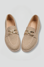Women flat loafers with metal chain detail and rubber sole in khaki
