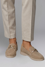 Women flat loafers with metal chain detail and rubber sole in khaki