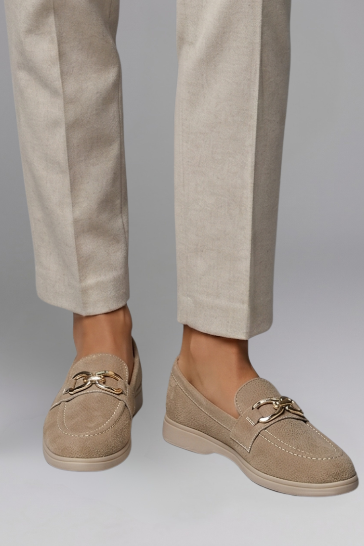 Women flat loafers with metal chain detail and rubber sole in khaki