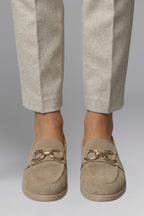 Women flat loafers with metal chain detail and rubber sole in khaki