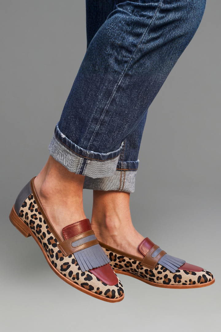 Women leather loafers square toe fringe slip-on with animal print panels