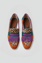 Women leather loafers square toe fringe slip-on with animal print panels