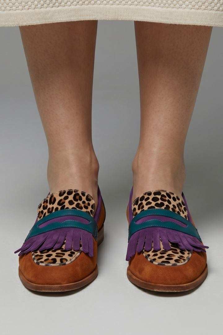 Women leather loafers square toe fringe slip-on with animal print panels