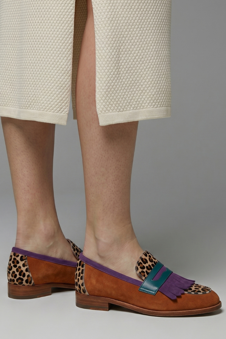 Women leather loafers square toe fringe slip-on with animal print panels