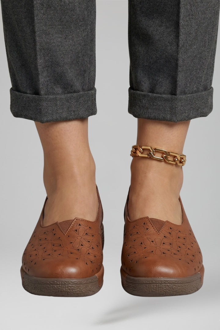 Women leather loafers slip on design with cushioned wedge sole