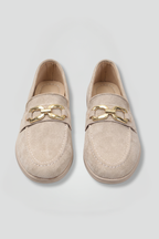 Women flat suede slip-on loafers with metal hardware detail and rubber outsole