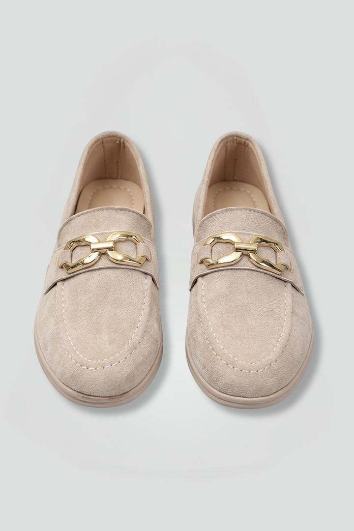 Women flat suede slip-on loafers with metal hardware detail and rubber outsole