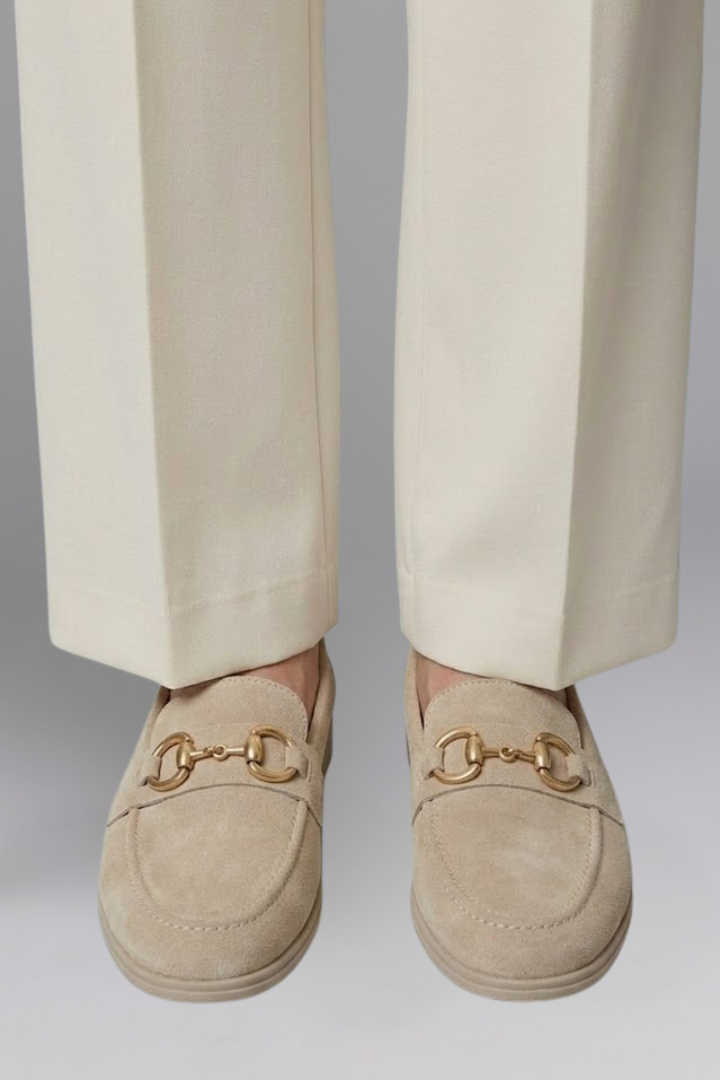 Women flat suede slip-on loafers with metal hardware detail and rubber outsole